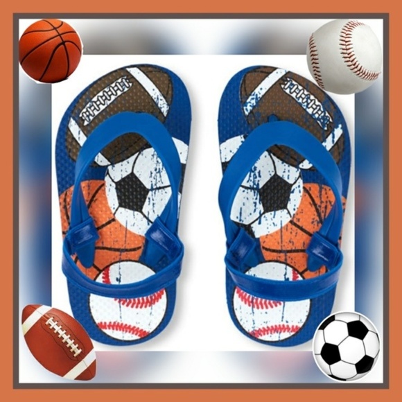 Children’s Place ✦ Toddler Flip Flops ✦ Blue Sports Print Foam Elastic Strap NWT - Picture 2 of 5